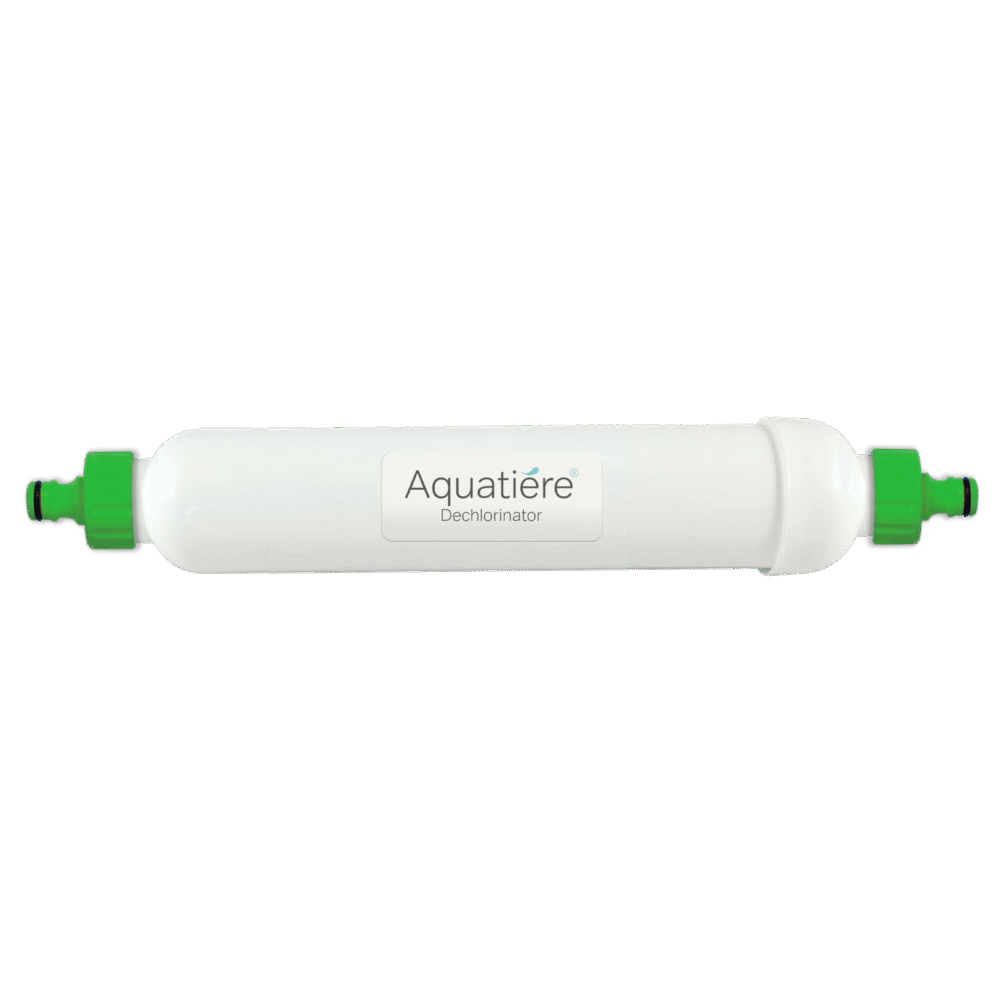 The pond dechlorinator filter, a long white container with green hose attachment ends.