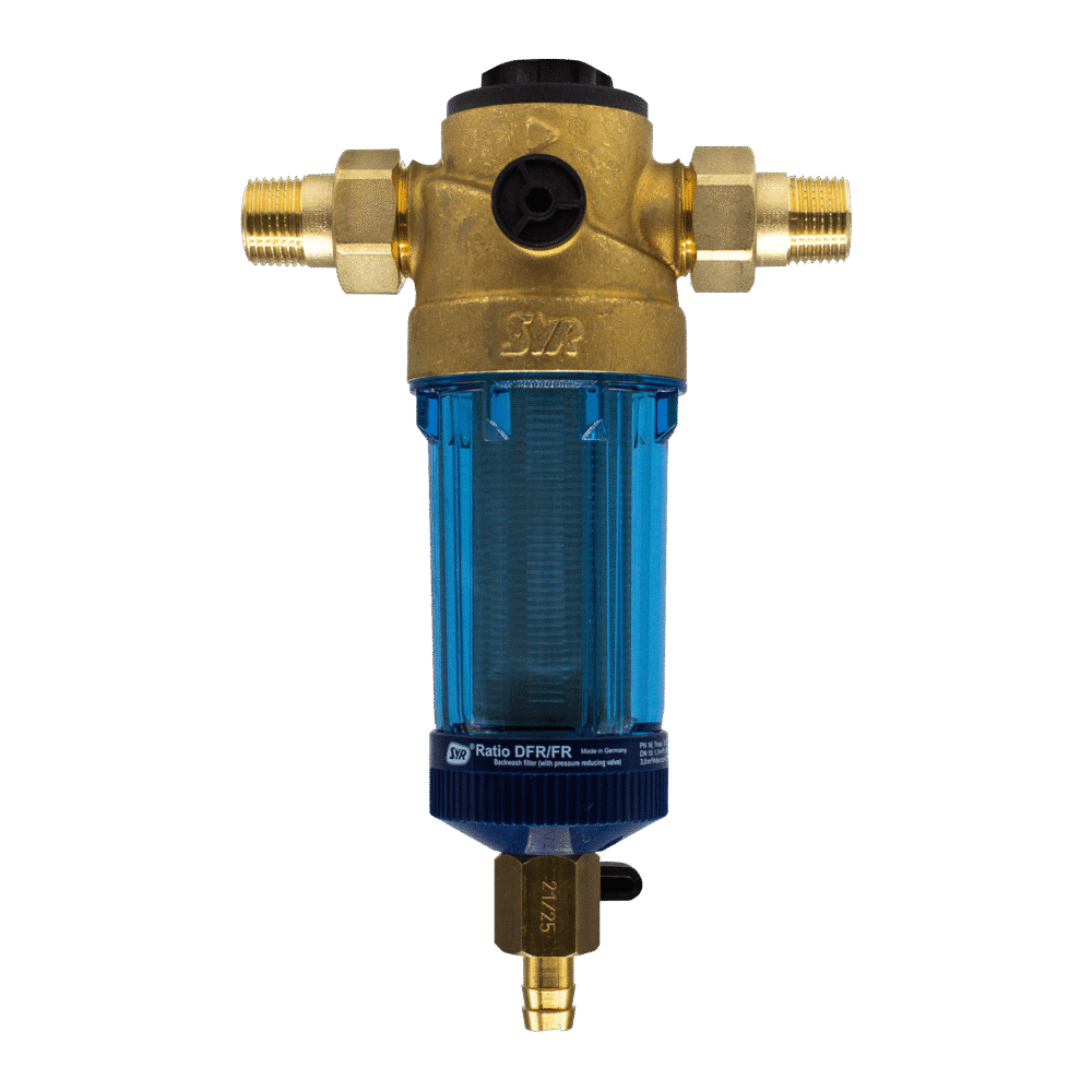 Prefilter, gold top, blue transparent body. Face on, with connectors out to the sides.